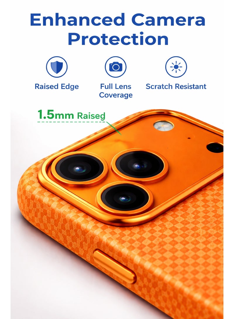 iPhone 17 Pro Mobile cover Aramid Carbon Fiber Case – Orange Woven Texture, Metallic Camera Bezel, Slim Magnetic Protective Cover, 5G Signal Friendly Phone Case - Image 3